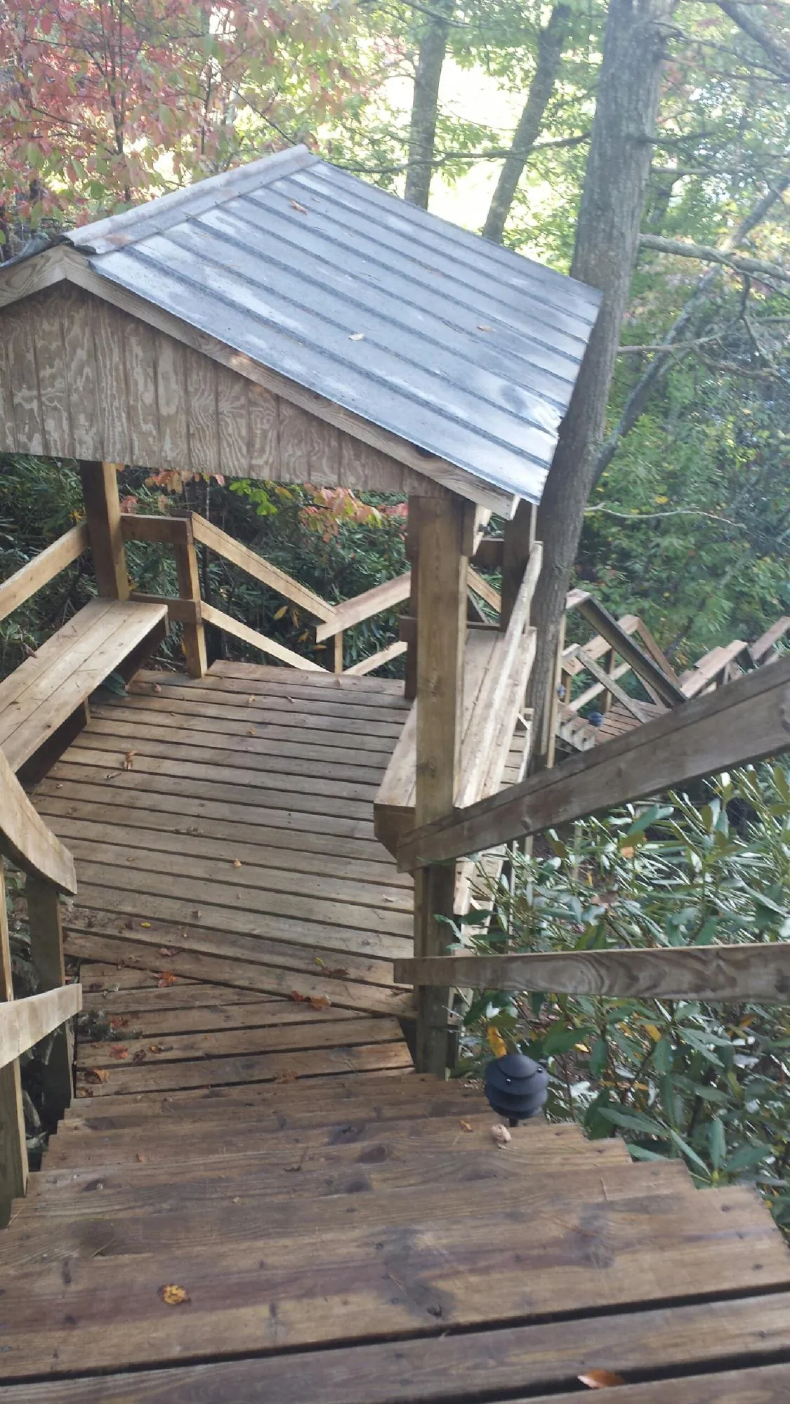 Metal roofed shelter over wooden steps on a wooded walkway — Skylight Repair & Installation work by our crew in San Marcos