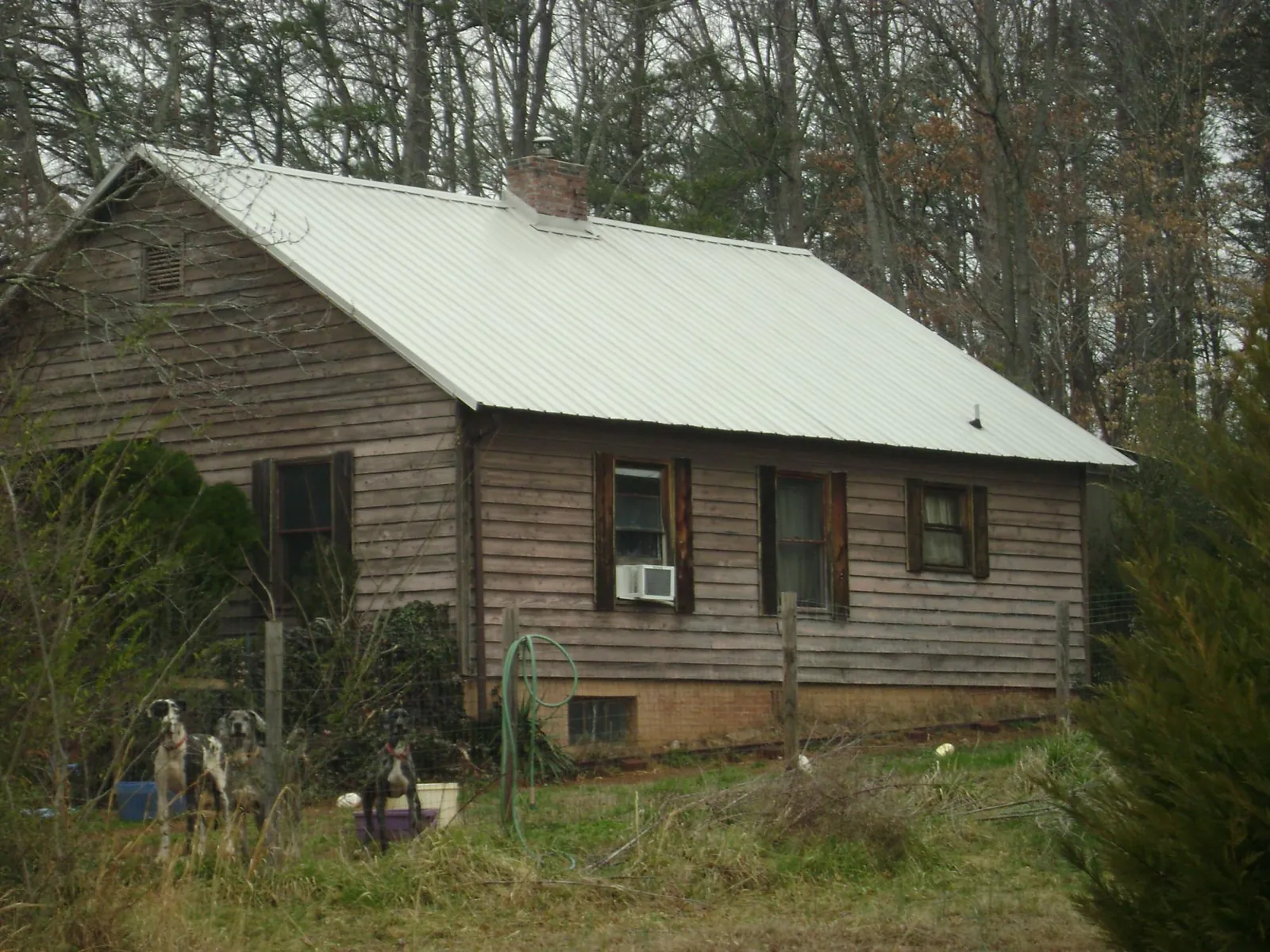 White metal roof on an old wood sided farmhouse, from a Asphalt Shingle Roof Repair job in San Marcos